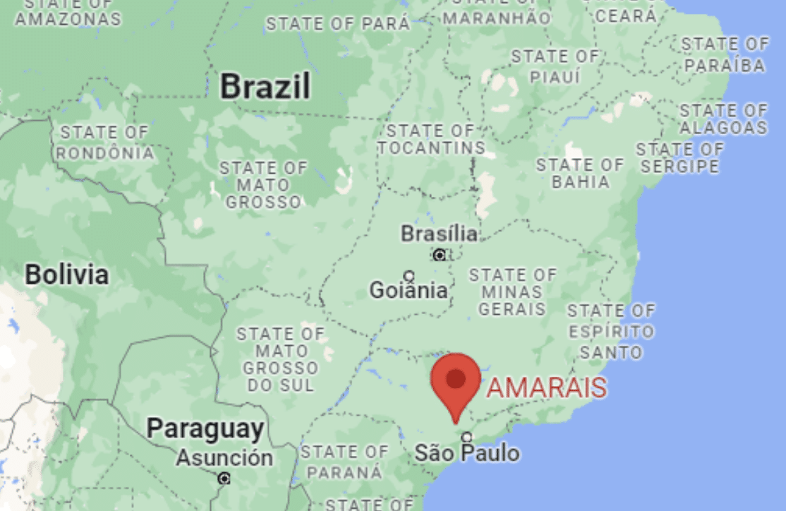A map of Brazil with a pin pointing to the rural community of Amarais.
